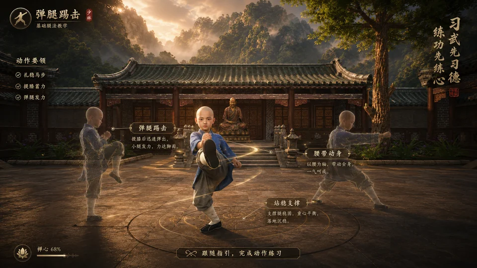 HeNanBook Shaolin kicking instruction key visual with movement cues and multiple viewpoints